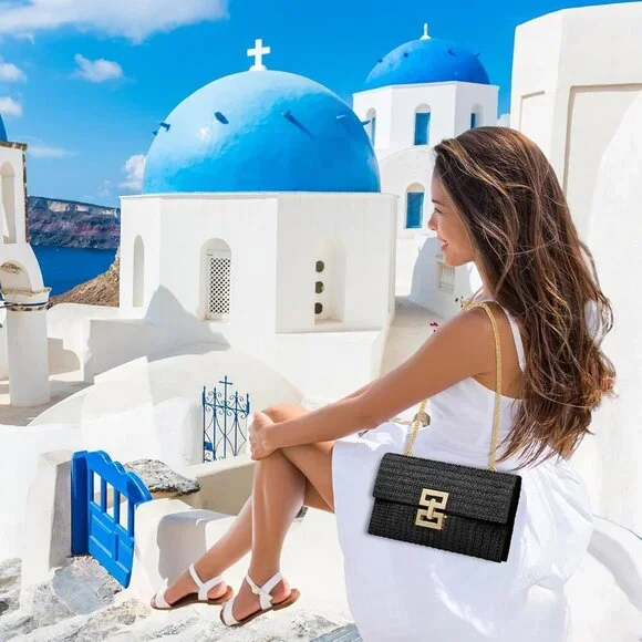 Black Woven Raffia Beach Clutch Crossbody Bag with Chain Strap for Women - Picture 7 of 7